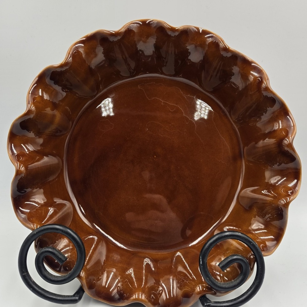 Vtg Caramel Brown Two Tone Emile Henry French Ruffled Ceramic Pie Dish 9  1/4